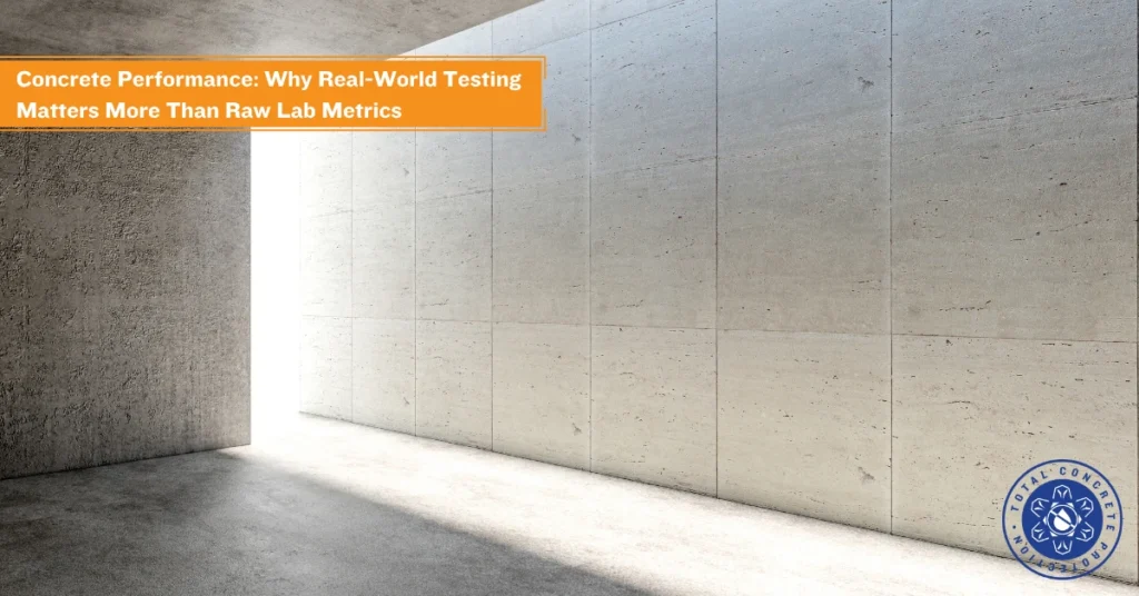 Minimalist concrete interior with light from an open doorway; banner reads “Concrete Performance: Why Real-World Testing Matters More Than Raw Lab Metrics” with a circular Total Concrete Concept logo in the corner.