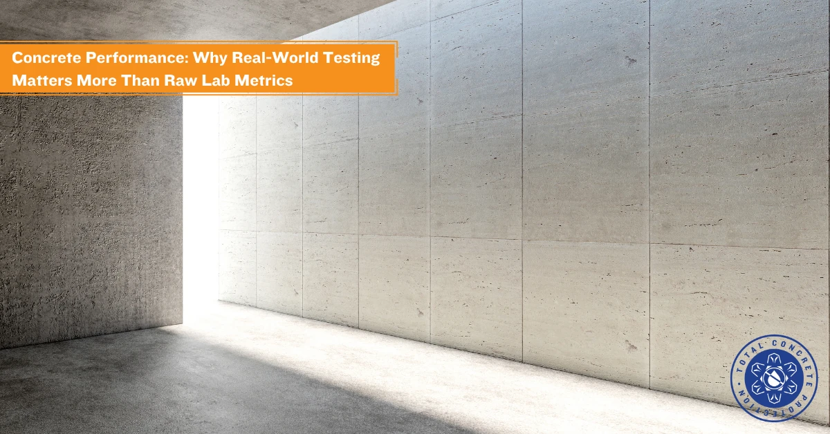 Minimalist concrete interior with light from an open doorway; banner reads “Concrete Performance: Why Real-World Testing Matters More Than Raw Lab Metrics” with a circular Total Concrete Concept logo in the corner.