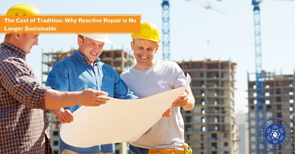 Three construction workers in hard hats reviewing blueprints on a high-rise construction site, illustrating the shift from reactive repair to proactive maintenance.