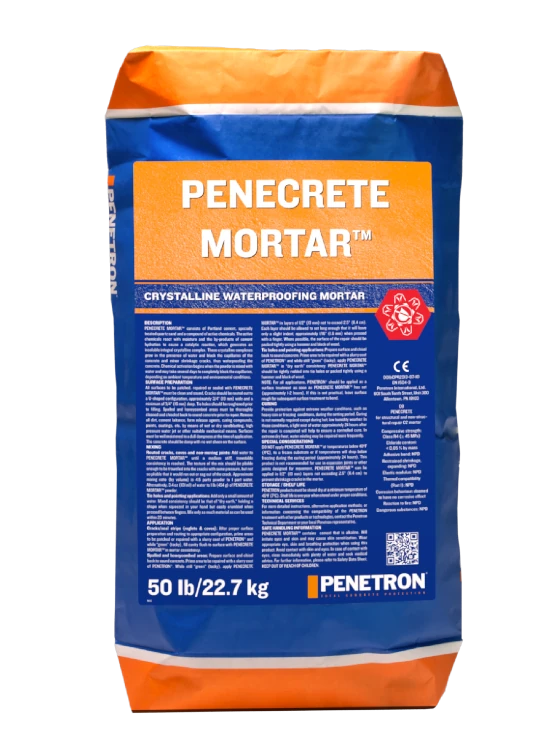 A bag of Penetron Penecrete Mortar, designed for waterproofing cracks and construction joints.