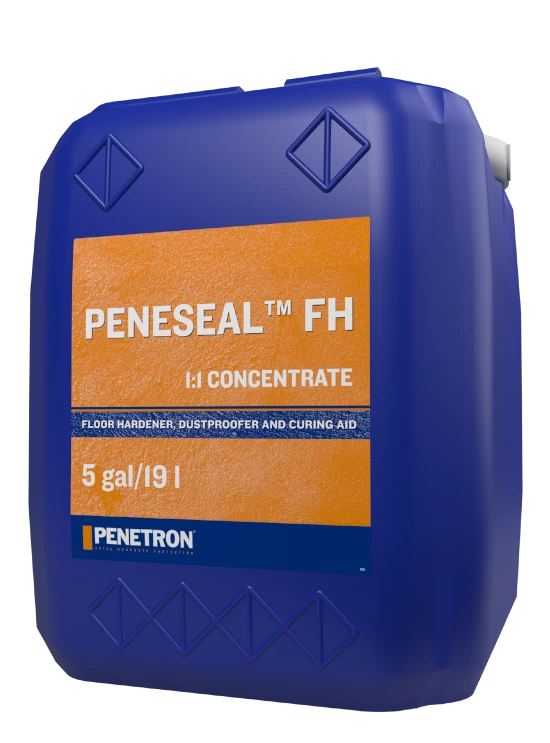 A container of Penetron Peneseal FH, a floor hardener, dust proofer, and curing aid concentrate.