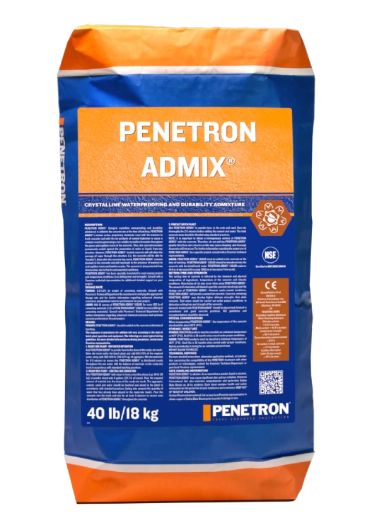 Bag of Penetron Admix®, a 40 lb (18 kg) crystalline waterproofing and durability-enhancing concrete admixture designed for total concrete protection.