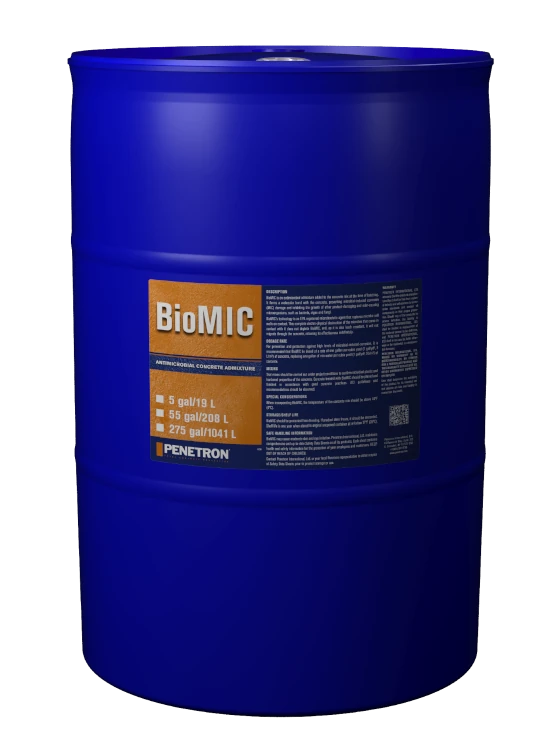 A drum of penetron biomic, A bioactive admixture designed to protect concrete in harsh environments, particularly where microbial-induced corrosion is a concern.