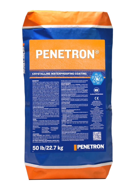 Bag of Penetron®, a crystalline waterproofing coating designed for concrete protection, available in a 50 lb (22.7 kg) package, featuring advanced durability and performance for construction projects.