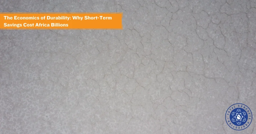 Close-up of a cracked concrete surface with an orange banner reading “The Economics of Durability: Why Short-Term Savings Cost Africa Billions” and a circular Total Concrete Protection logo in the lower-right corner.