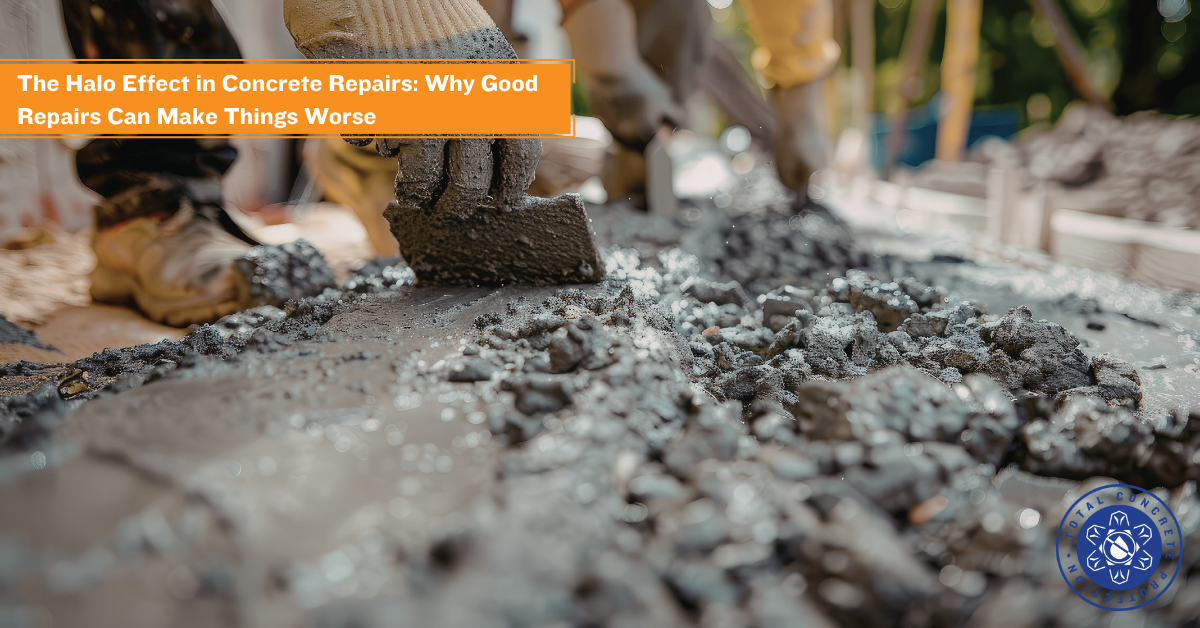 Workers applying fresh concrete during repair works illustrating the halo effect in concrete repairs and long-term durability risks