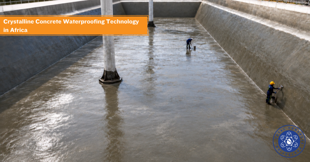 Crystalline concrete waterproofing technology applied in a large African reservoir, enhancing durability and water resistance.